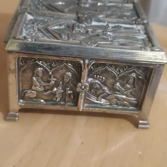 Gothic Revival Bronze Jewelry Box with Biblical Scenes in Church Window Panels